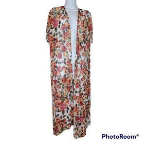 Good Luck Gem Women's Small Mesh Floral Long Kimino with Short Sleeves EUC